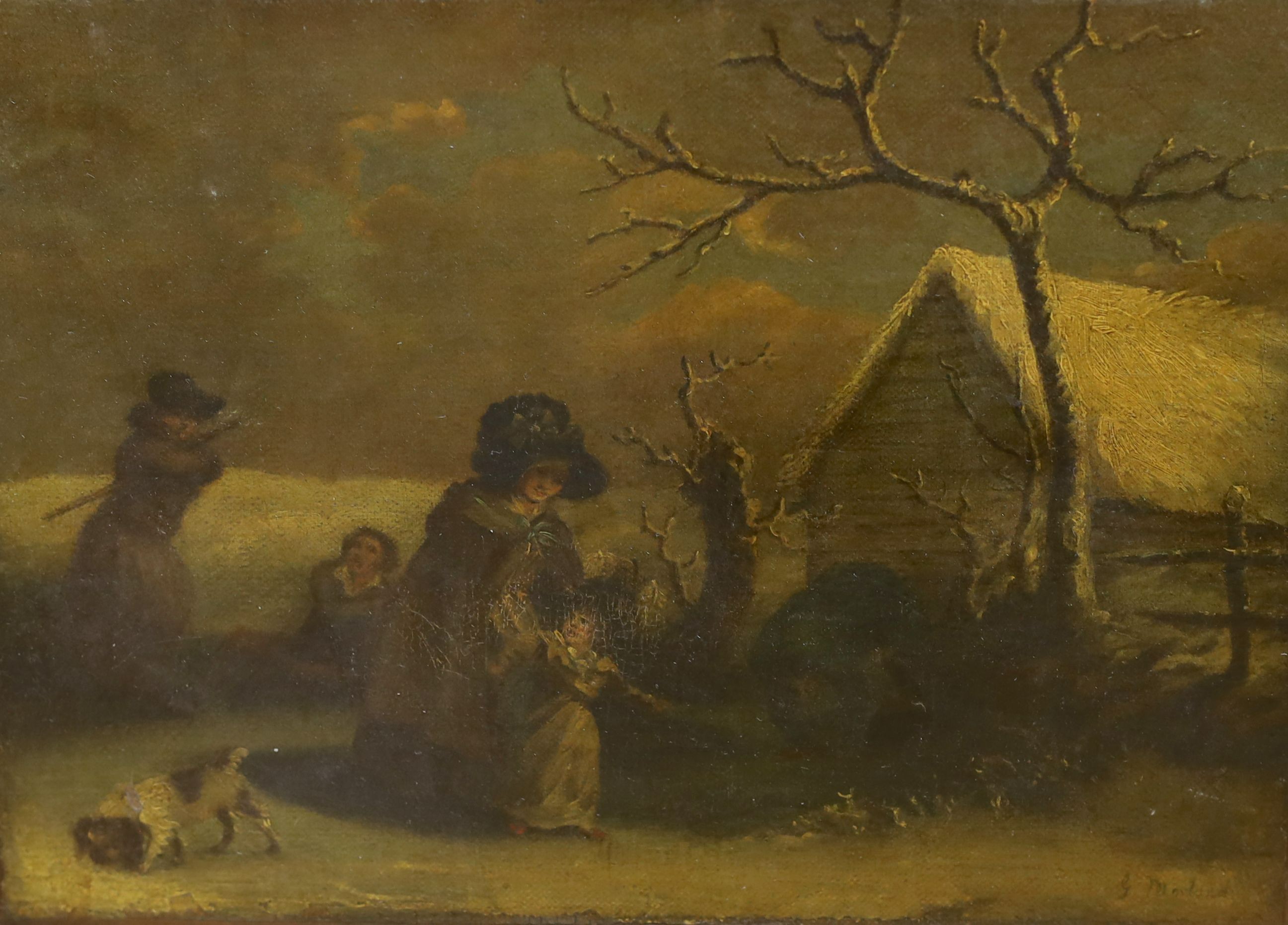 After George Morland, oil on canvas, Mother and child on a lane in winter, bears signature, 23 x 31cm, unframed